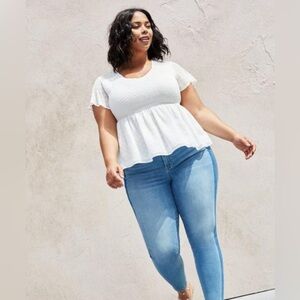 Torrid White Clip Dot Smocked Babydoll Top Chiffon Sheer V-Neck Short Sleeves